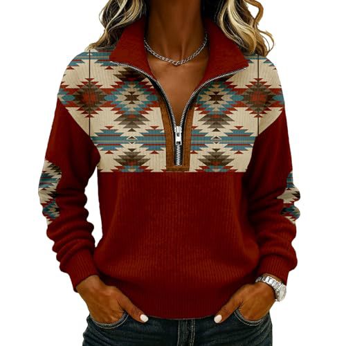 Retro Tribal Print Half-Zip Hoodie for Women