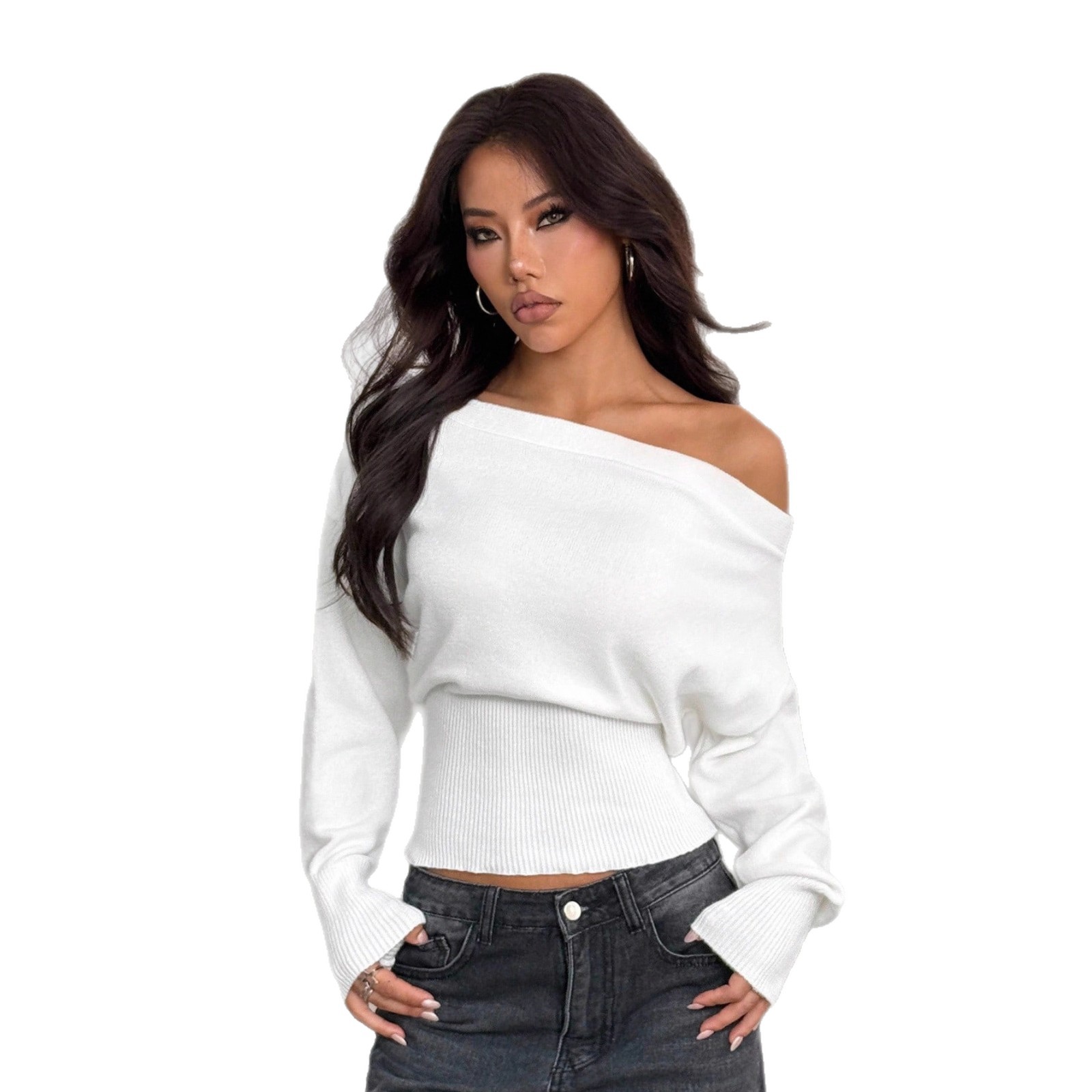 Relaxed Off-Shoulder Knit Top Women's High-Waist Slimming One-Shoulder Sweater
