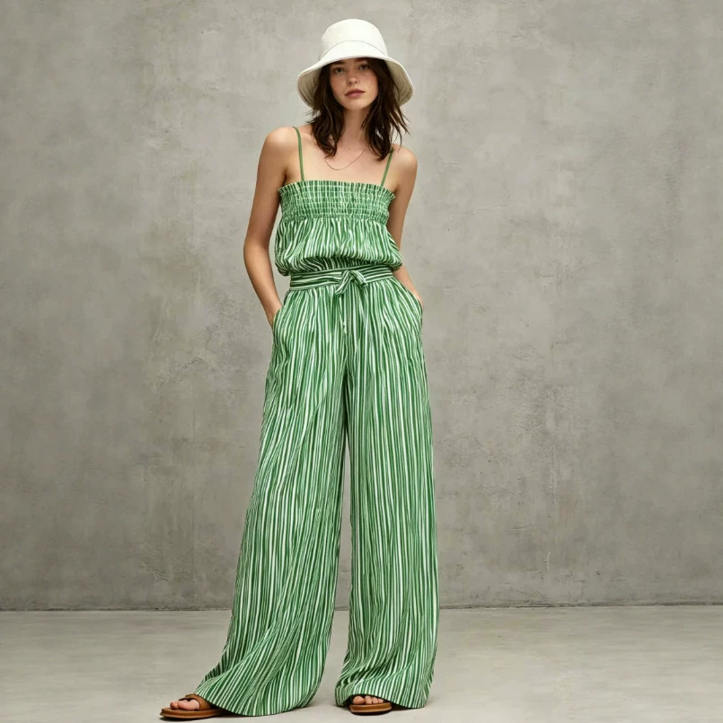 Striped Off-Shoulder Top and Pants Set Casual Loose Fit