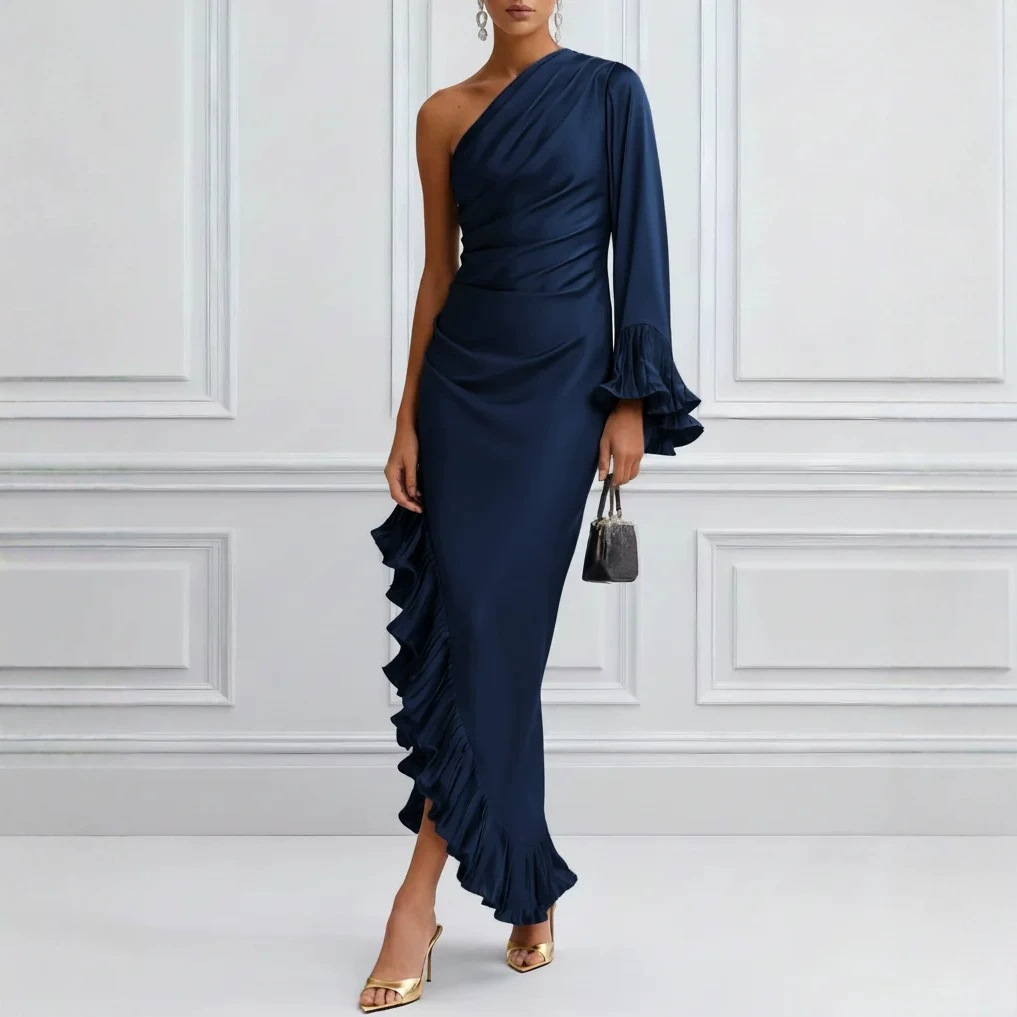 Solid Satin Off-Shoulder Ruched Asymmetrical Dress