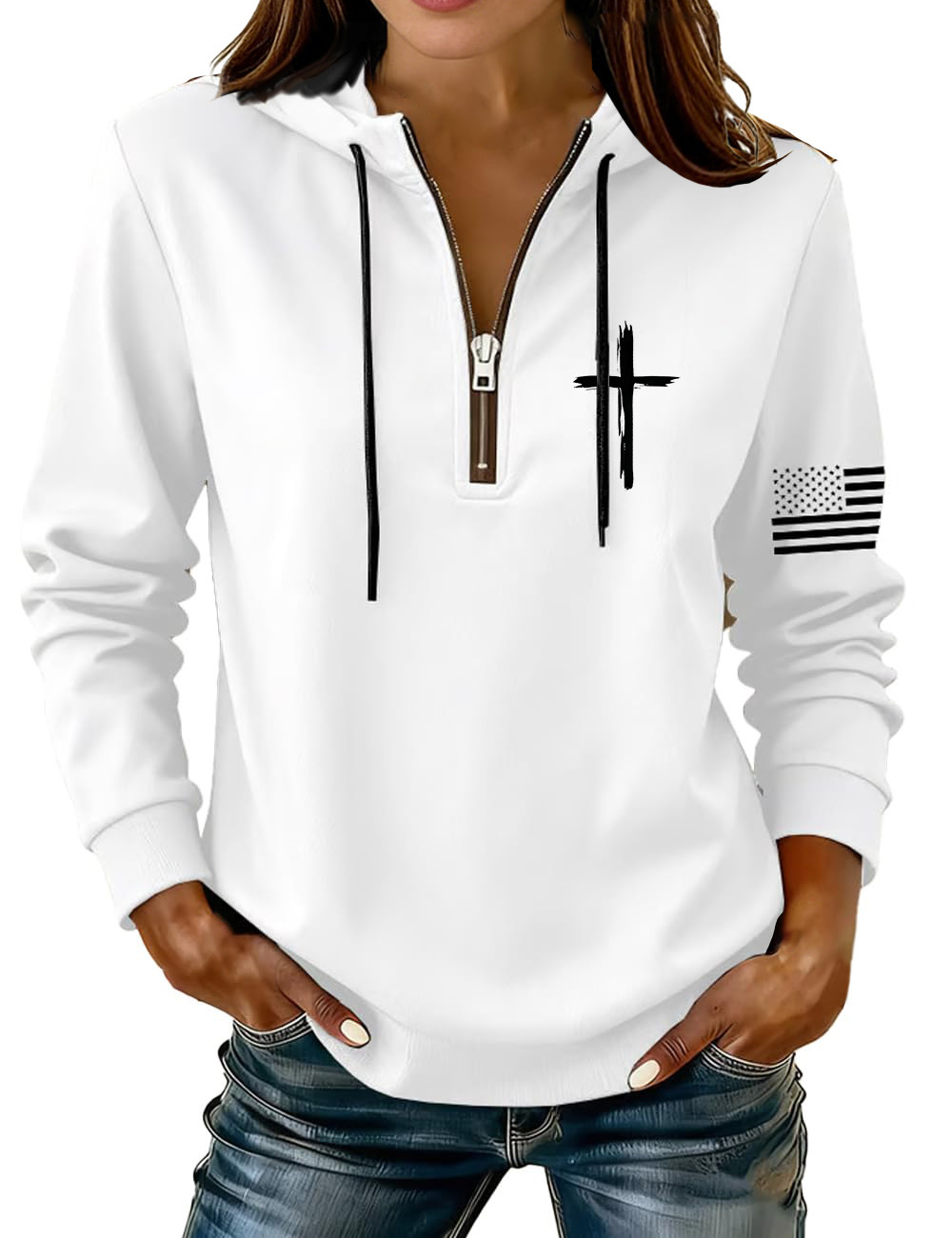 Cross & American Flag Print Half-Zip Hoodie