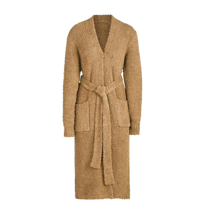 Women's Plush Tie-Belt Long Three-Piece Loungewear Set with Robe and Pants