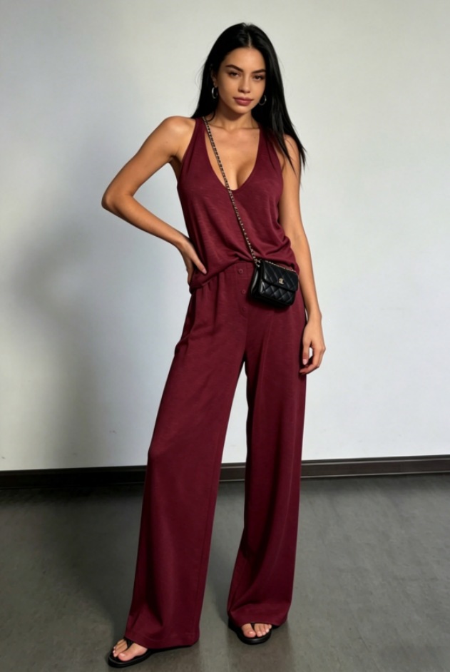 Women's Sleeveless Top and Straight-Leg Pants Two-Piece Set Solid Color