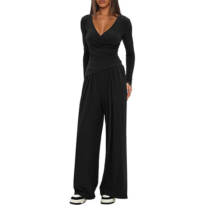 Solid Color 2-Piece V-Neck Long Sleeve Wide Leg Pants Lounge Set