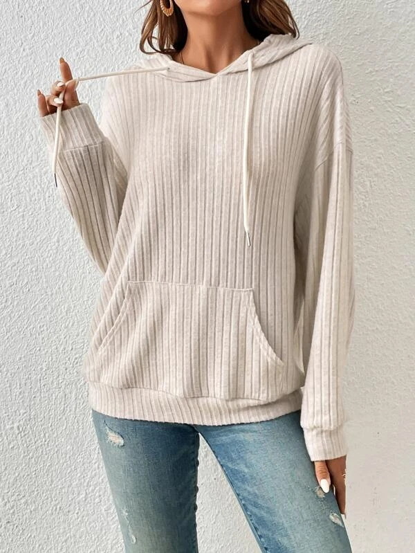 Women's Ribbed Knit Hoodie with Kangaroo Pocket
