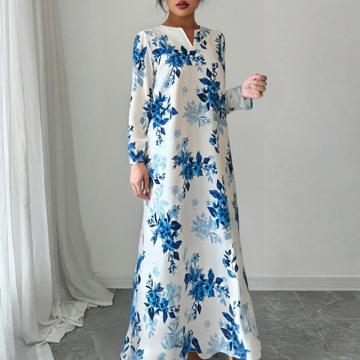 High-Saturation Colorblock Print Long Dress Loose Flattering A-Line V-Neck