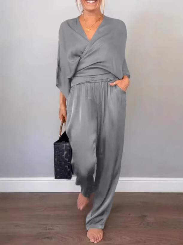 Women's Summer Satin Short Sleeve Top and Pants Set Solid Color