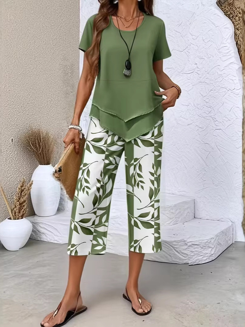 Women's Short Sleeve High Waist Wide Leg Pants Two-Piece Set