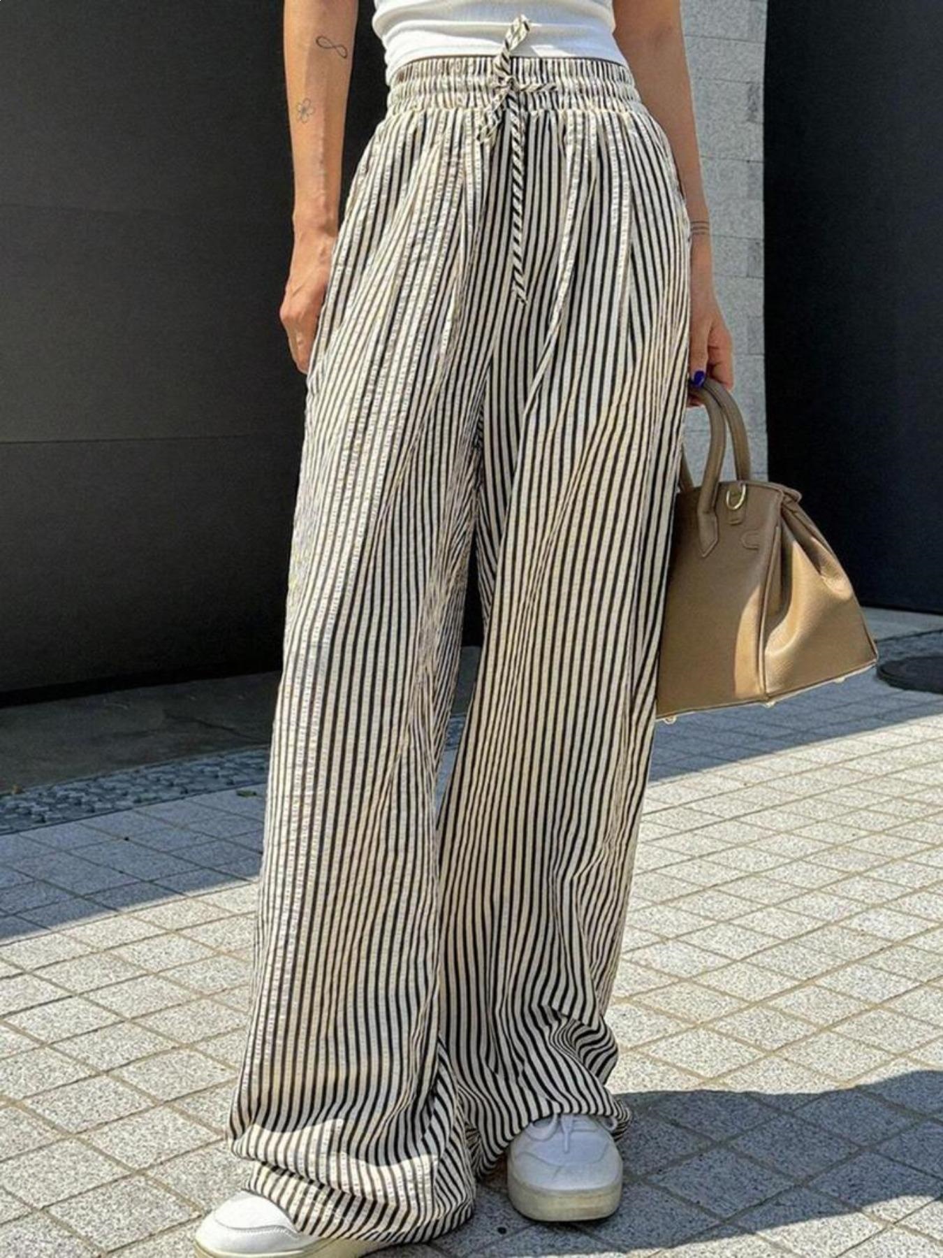 Striped Wide-Leg Drawstring Pants with Pockets