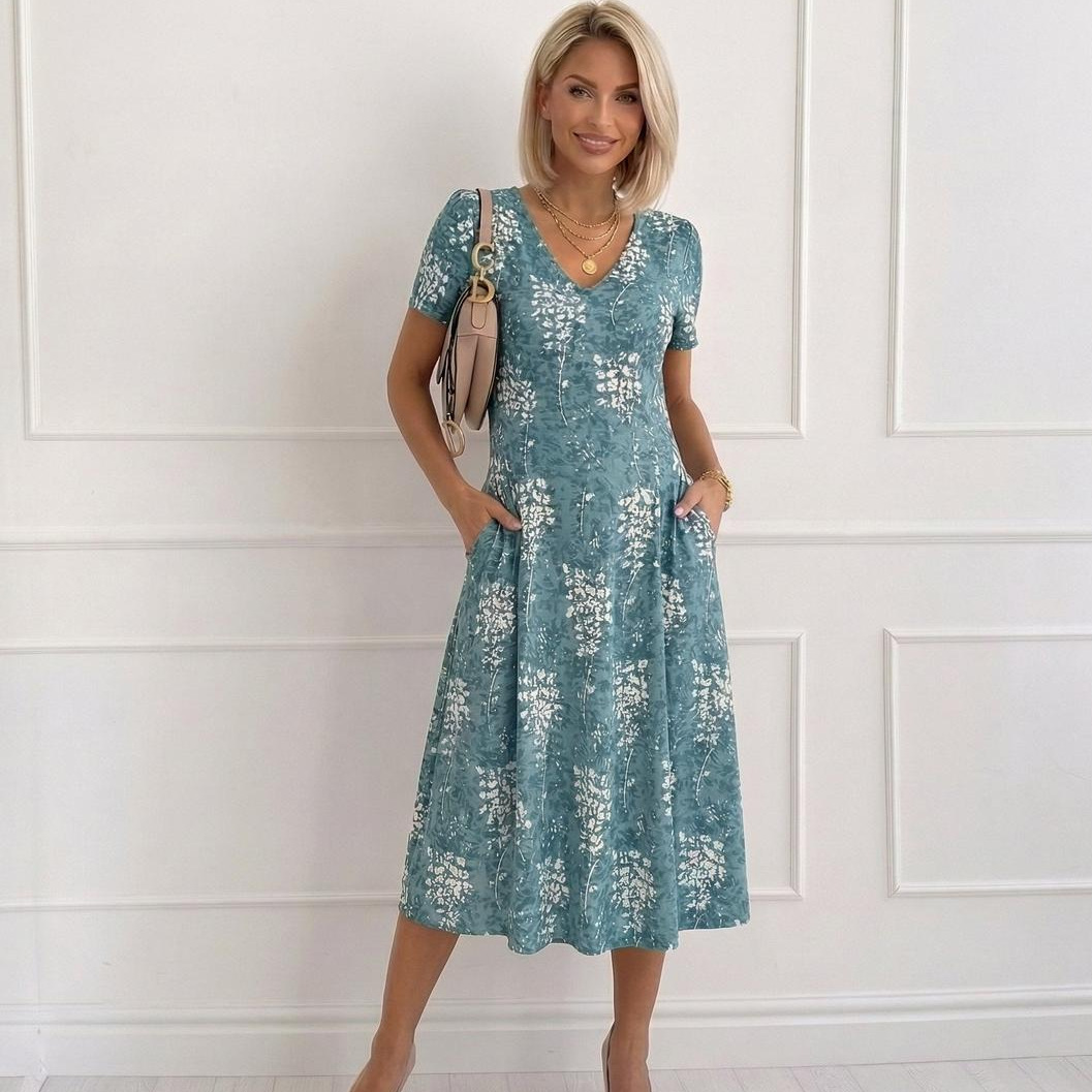 Women's Floral Print Ruched Casual Midi Dress