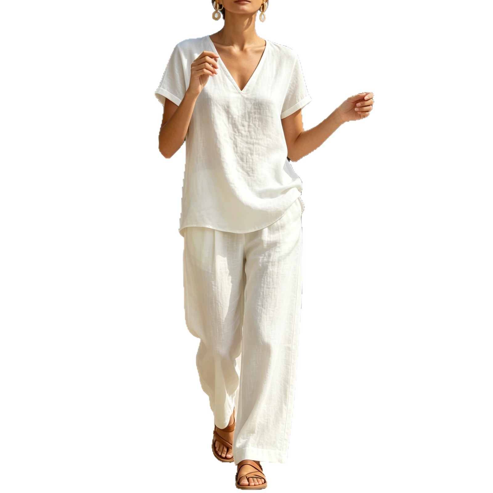Relaxed Solid Linen-Blend Two-Piece Set with V-Neck Short-Sleeve Top and Wide-Leg Pants