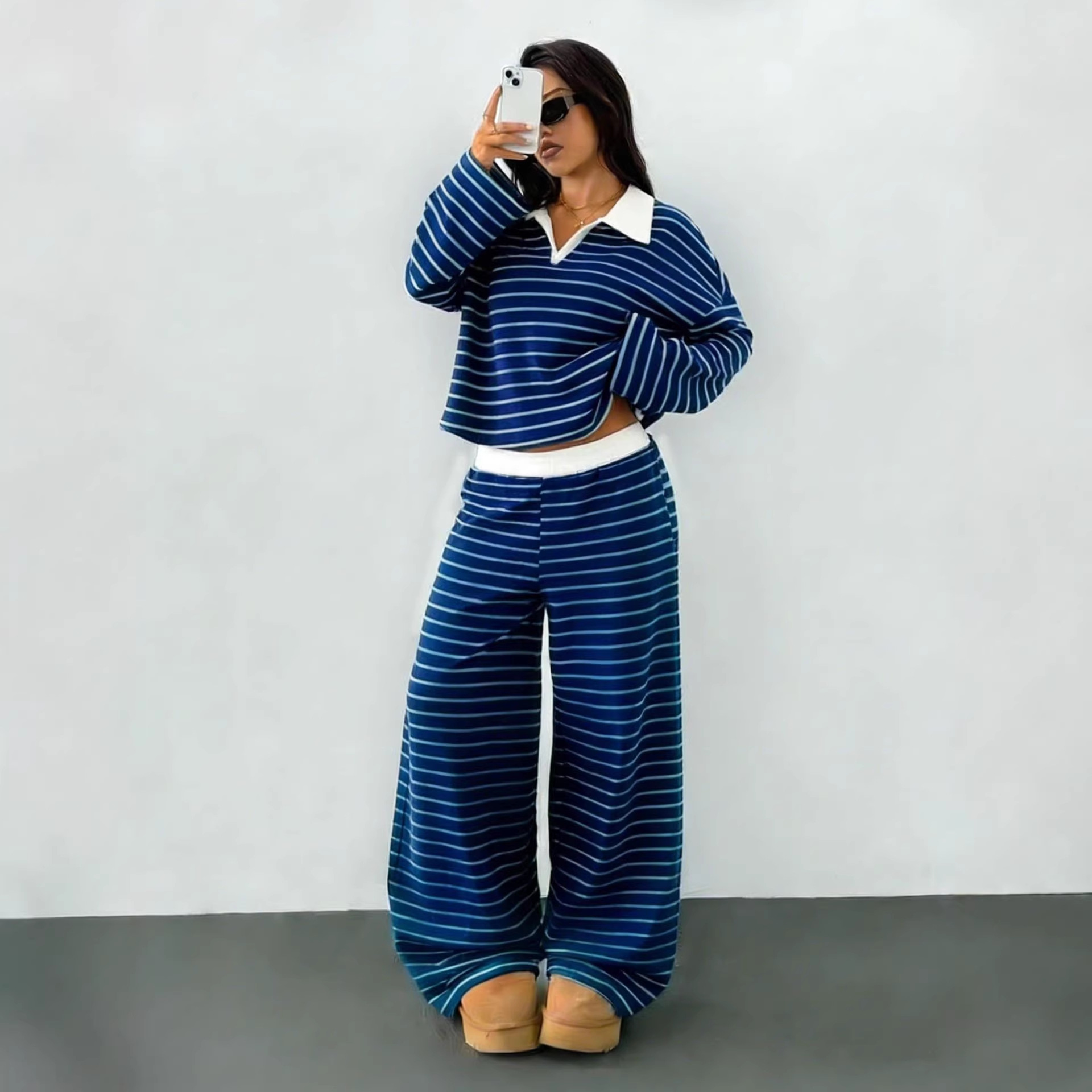 Striped Colorblock Two-Piece Set with Collared Top and Elastic Waist Pants