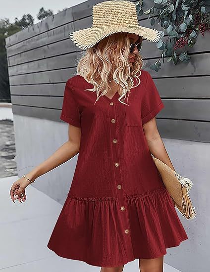 Women's Button-Front Cotton-Linen Midi Dress with Ruffle Hem and Short Sleeves