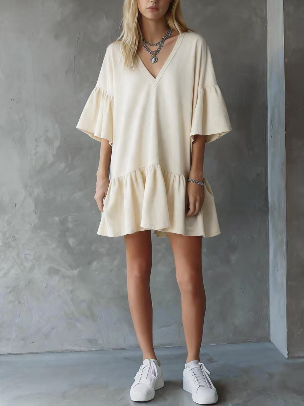 Women's Summer Ruffle V-Neck Solid Color Loose Short Dress