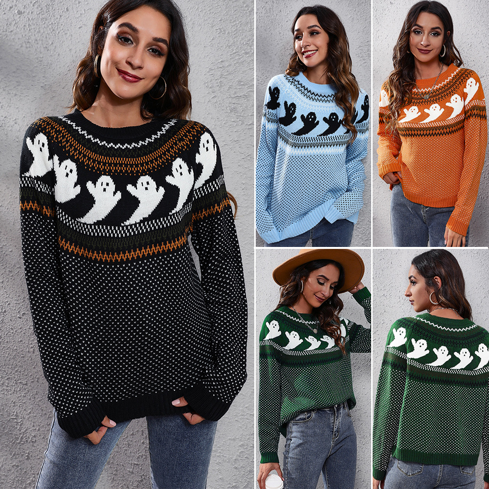 Halloween Ghost Polka Dot Long Sleeve Knit Sweater Women Loose Fit