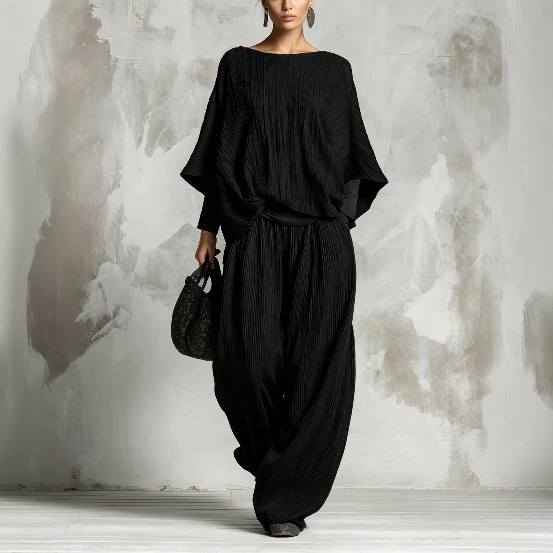Ruched Batwing Sleeve Top & Wide-Leg Pants Two-Piece Lounge Set
