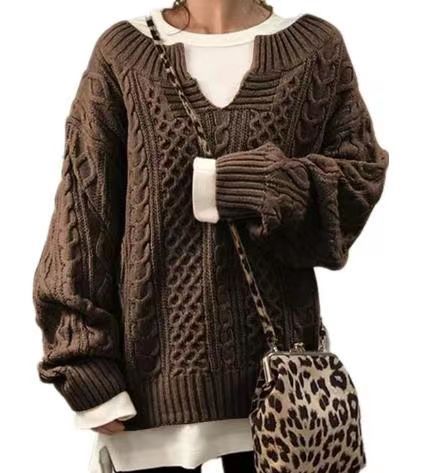 Cable-Knit Loose-Fit V-Neck Women's Sweater