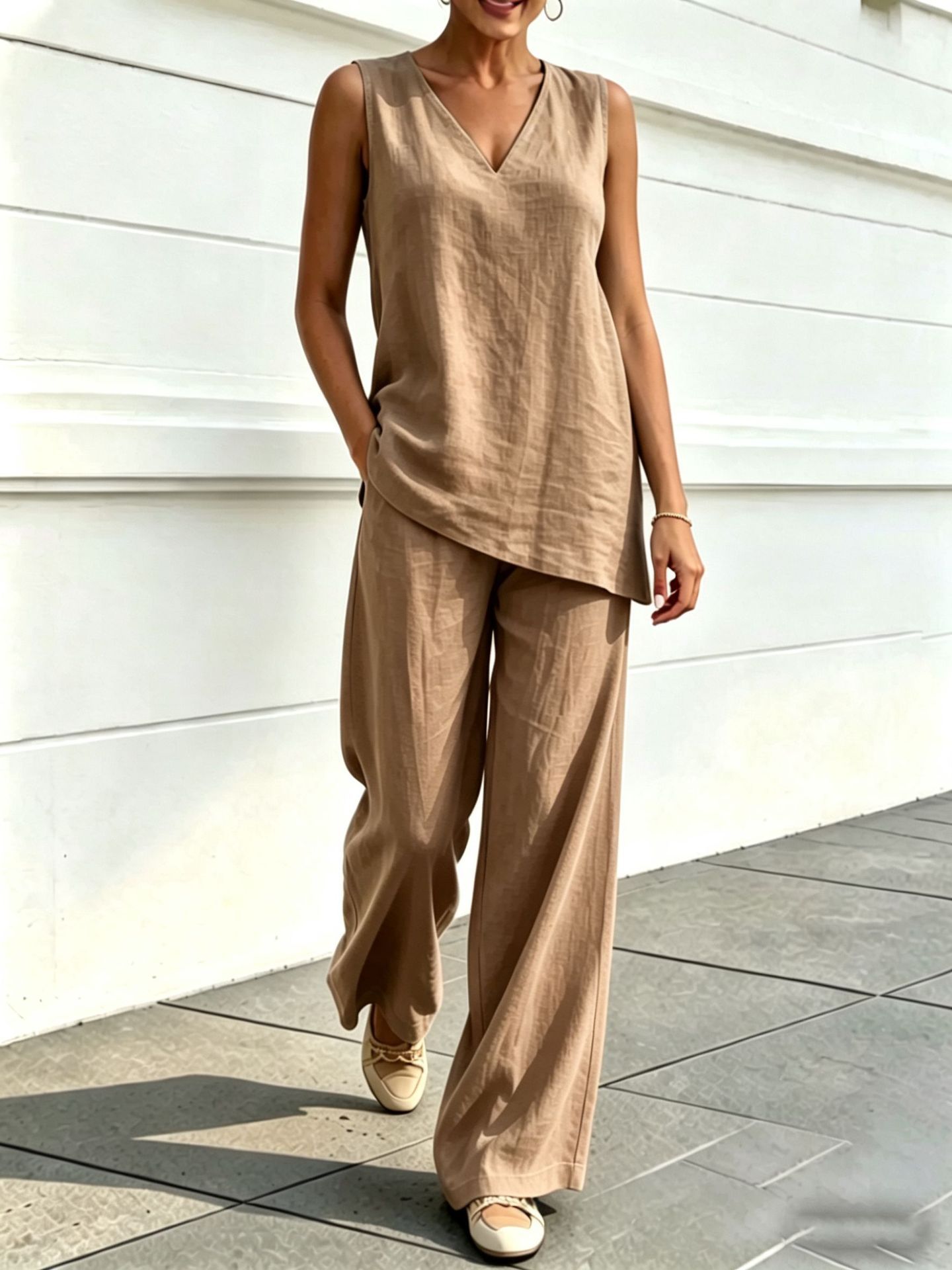 Women's V-Neck Sleeveless Top and Wide-Leg Pants Two-Piece Set