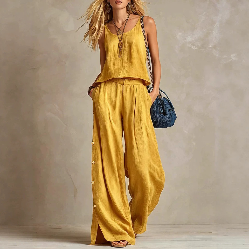 Women's Cotton Blend Sleeveless Top & Wide-Leg Pants Set