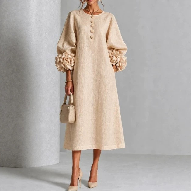Women's French 3D Floral Lantern Sleeve A-Line Midi Dress