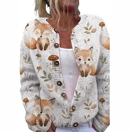 Women's Animal Pumpkin Maple Leaf Print Button Cardigan