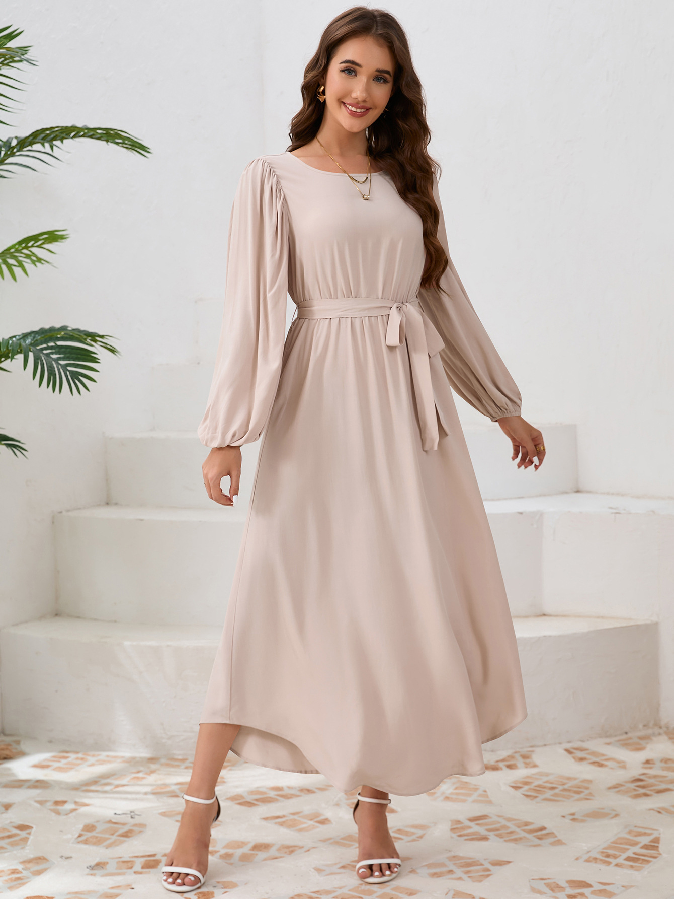 Women's Lantern Sleeve Midi Dress with Tie Belt