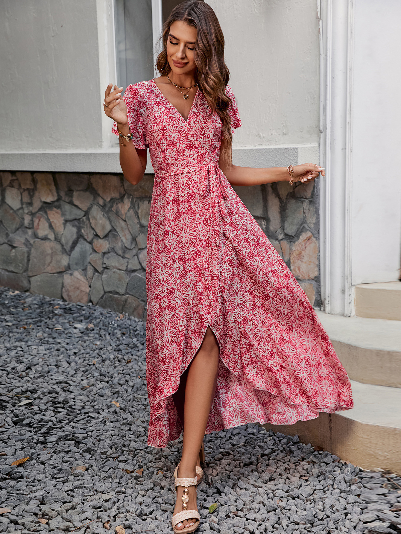 Floral Print One-Piece V-Neck Tie-Waist Maxi Dress