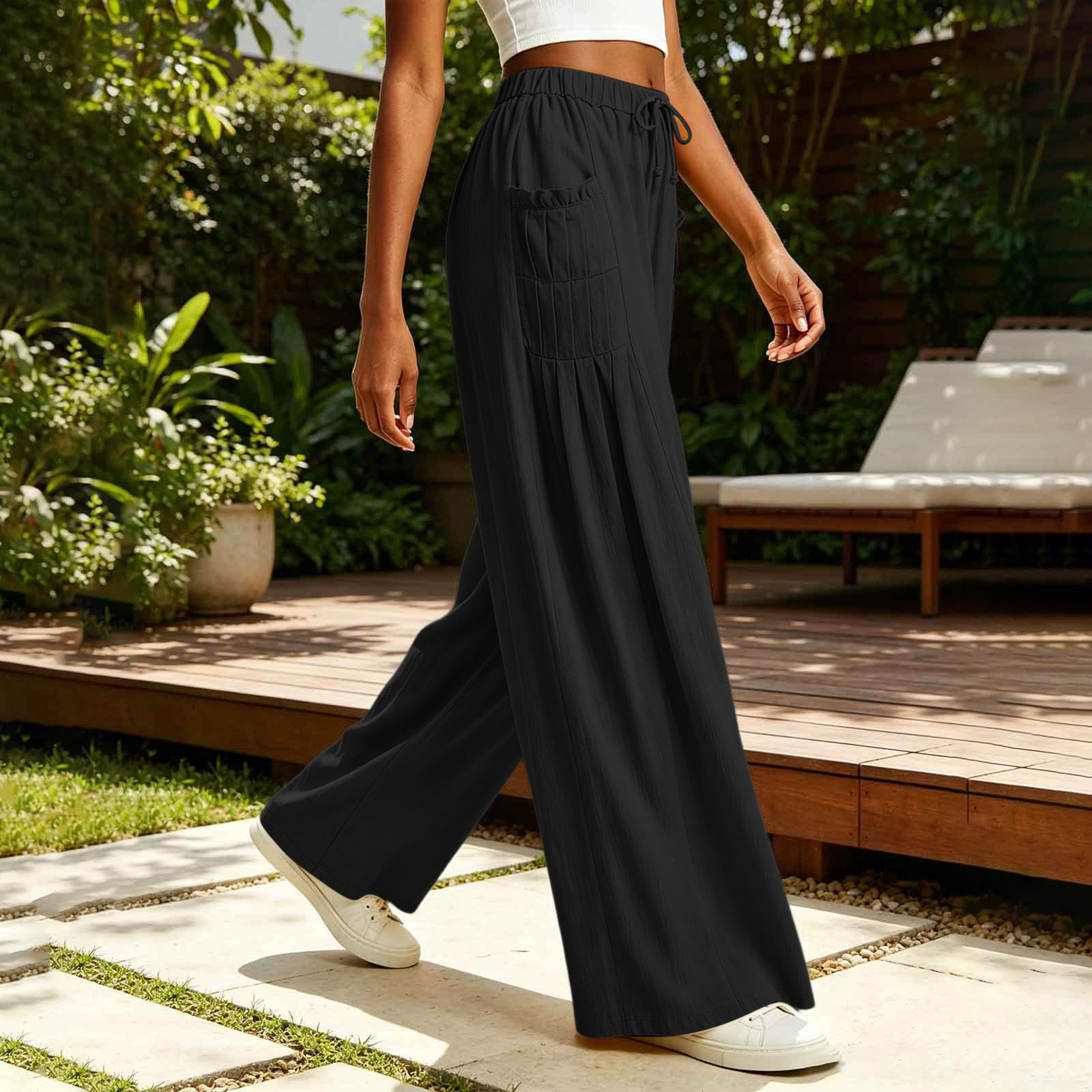 Women's Cotton-Linen Wide-Leg Pants High Waist Pleated Pockets
