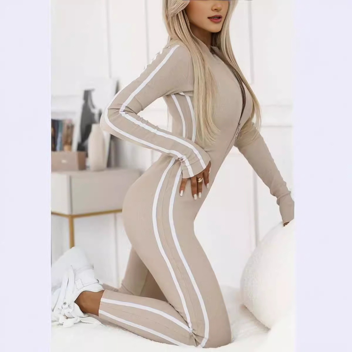 Women's Slim Fit Striped Half-Zip Bodysuit