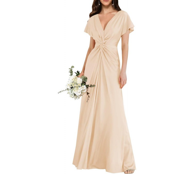 Satin Short Sleeve A-Line Dress V-Neck Midi Formal Party Bridesmaid