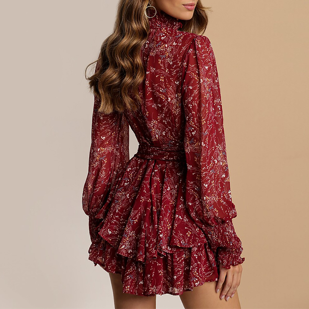 Women's Fall Print Dress with Waist-Cinching High-Waist A-Line Silhouette