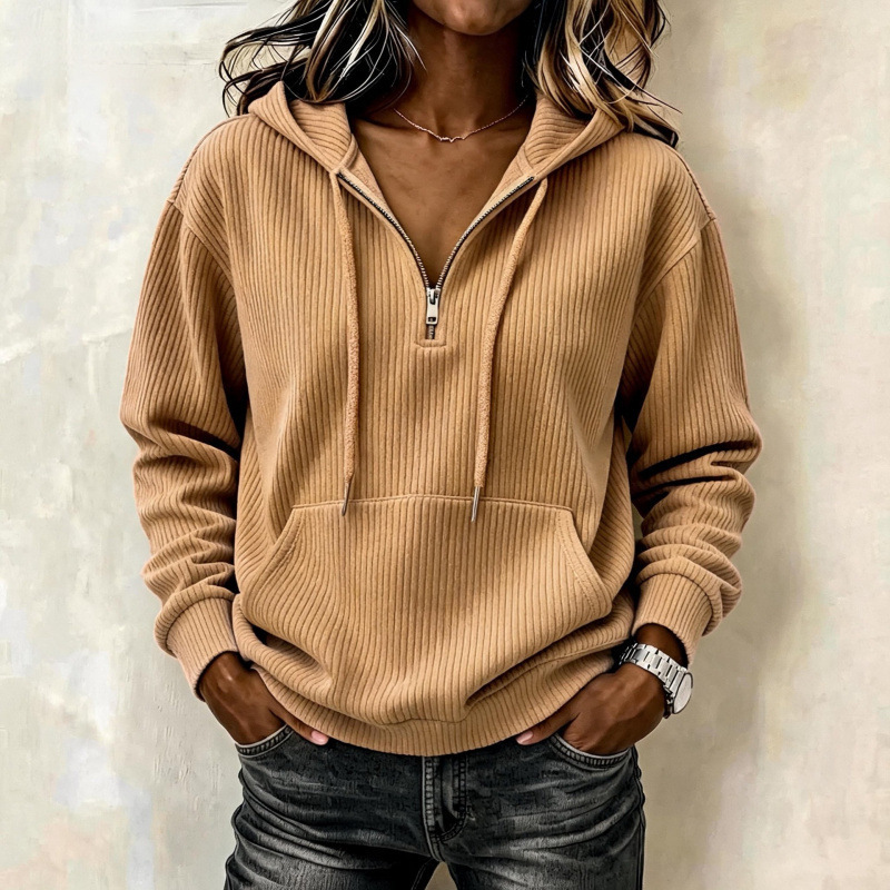 Women's Corduroy Striped Zip-Up Hoodie Retro Casual Long Sleeve