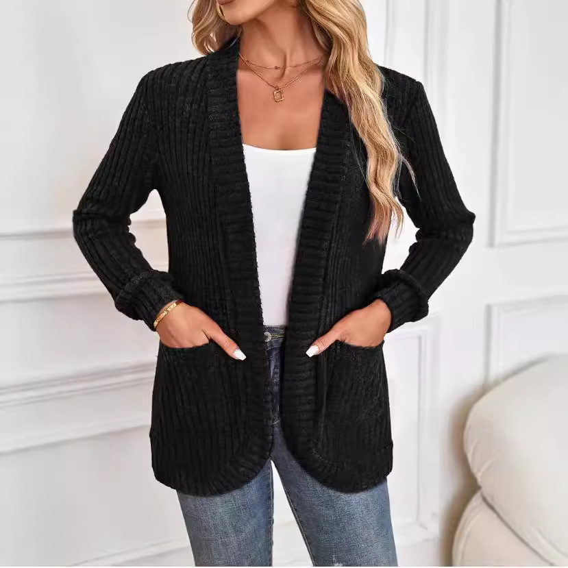 Solid Ribbed Brushed Long-Sleeve Cardigan