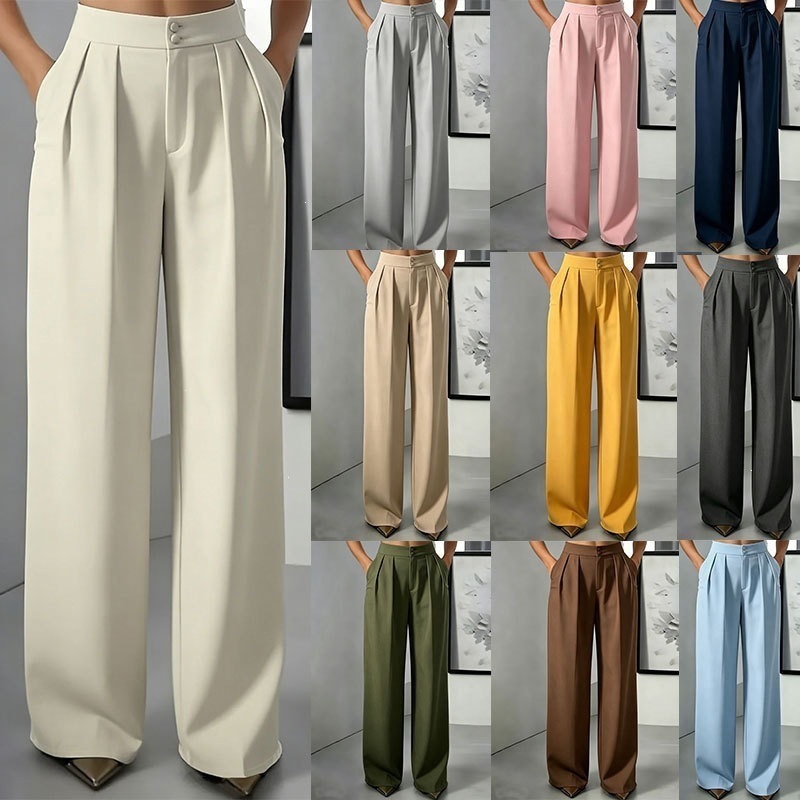Women's High Waist Straight Leg Tailored Pants with Elastic Waist