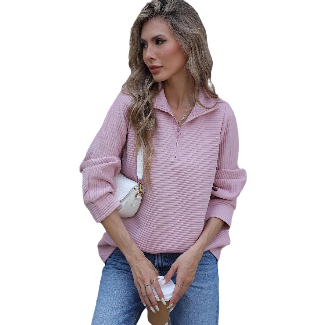 Women's Solid Color Long Sleeve Zip Neck Sweatshirt