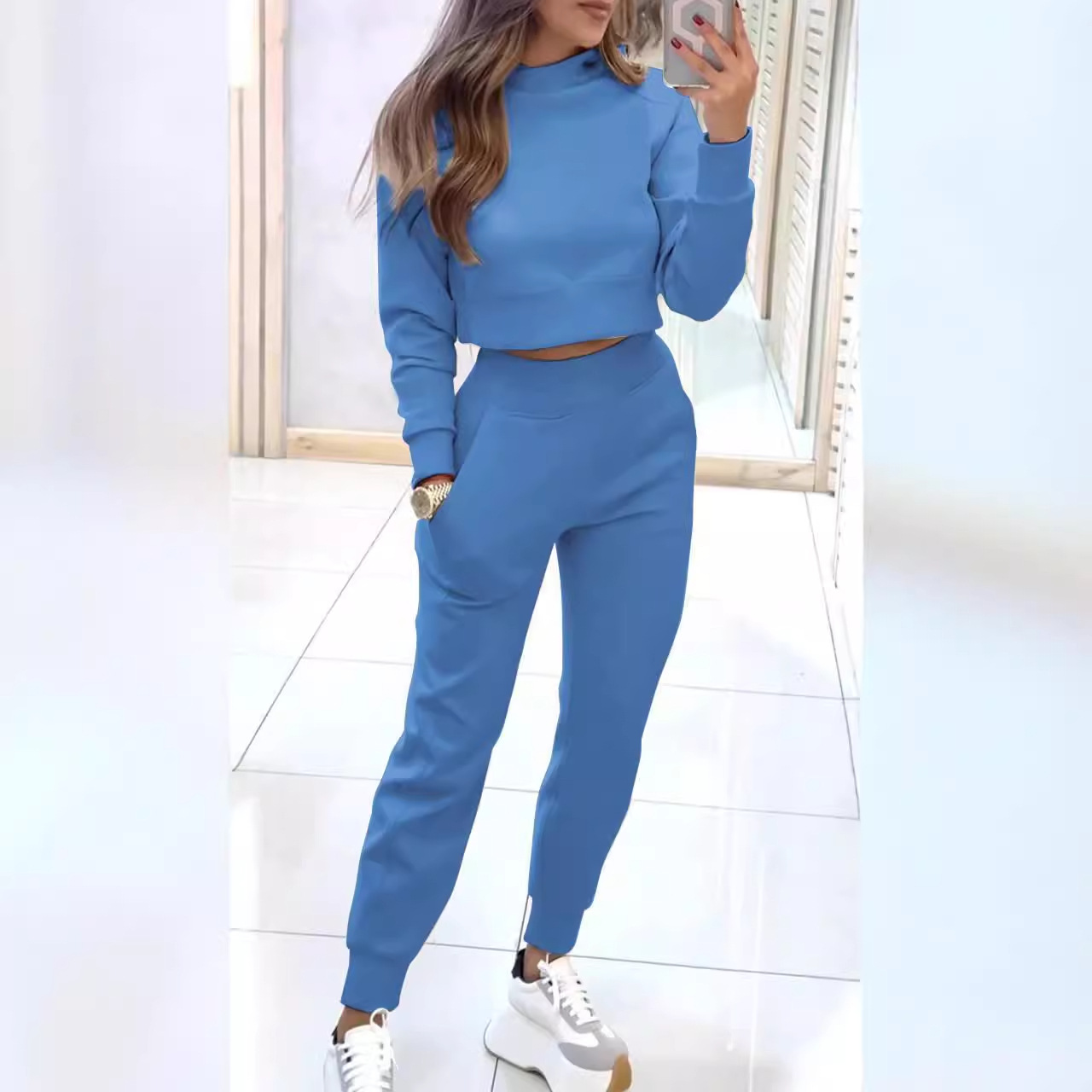 Women's High Neck Slim Fit Long Sleeve Casual Two-Piece Set