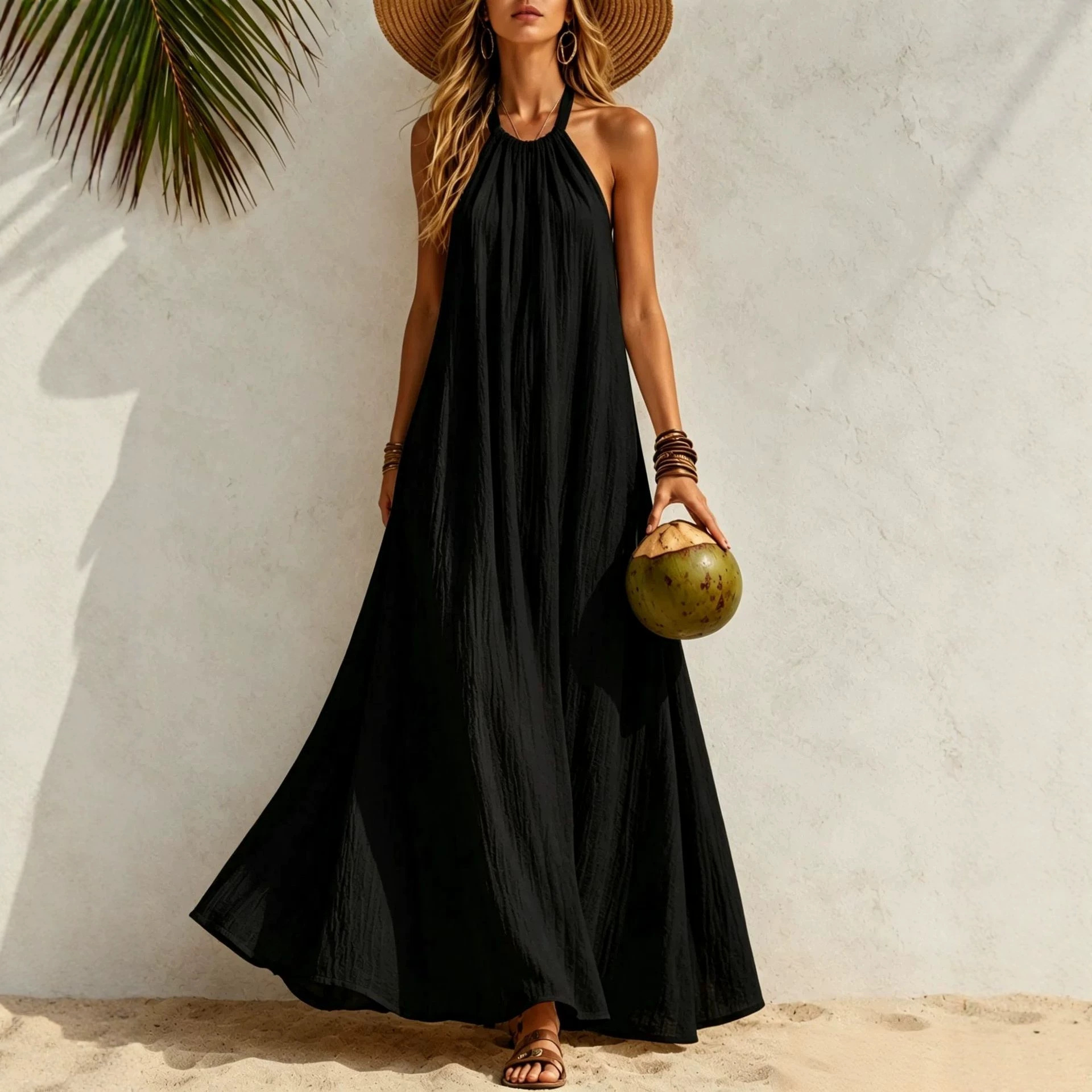 Women's Halter Neck Maxi Dress Loose A-Line Boho Beach Vacation Dress