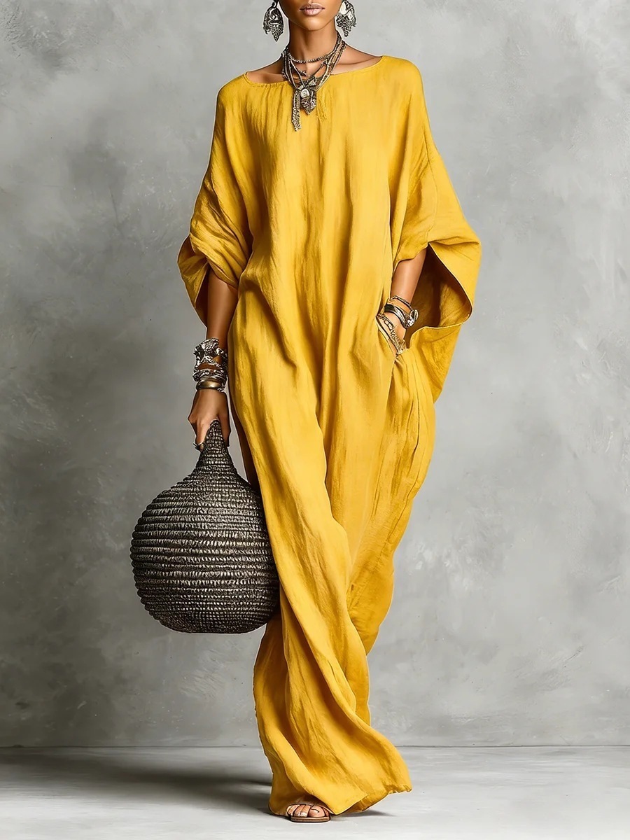 Women's Off-Shoulder Long Sleeve Solid Color Long Casual Dress