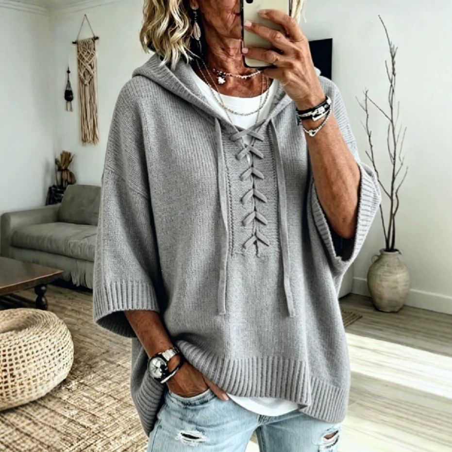 Lace-Up Hooded 3/4 Sleeve Knit Sweater Loose Pullover Top