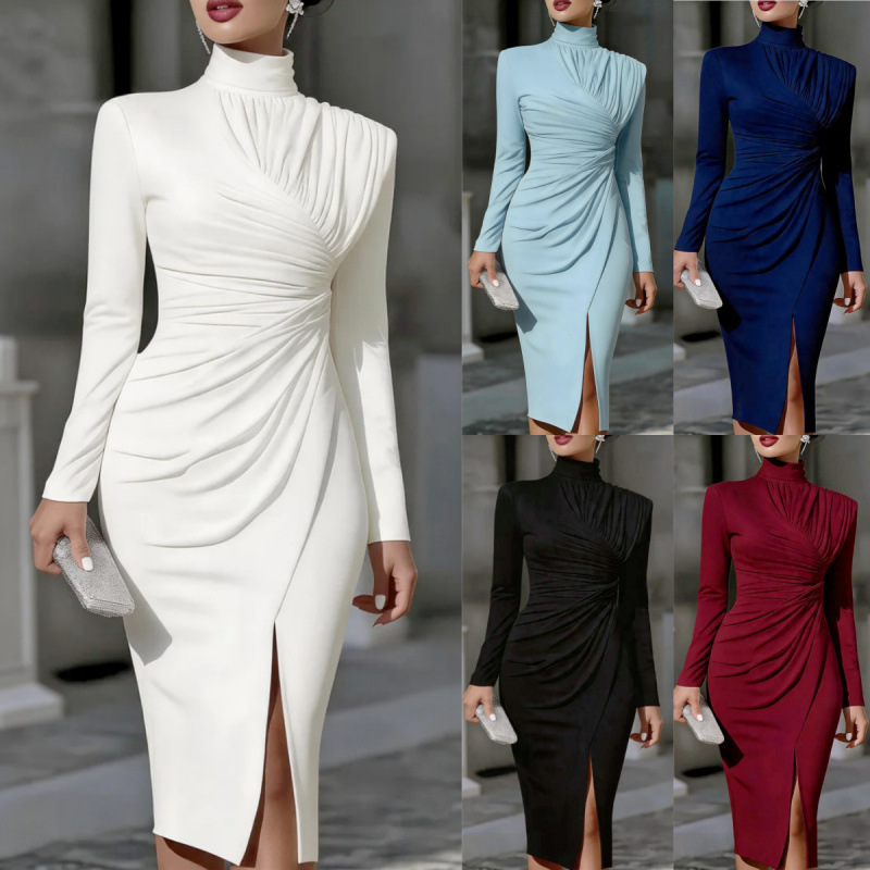 High Neck Ruched Long Sleeve Bodycon Midi Dress with Slit