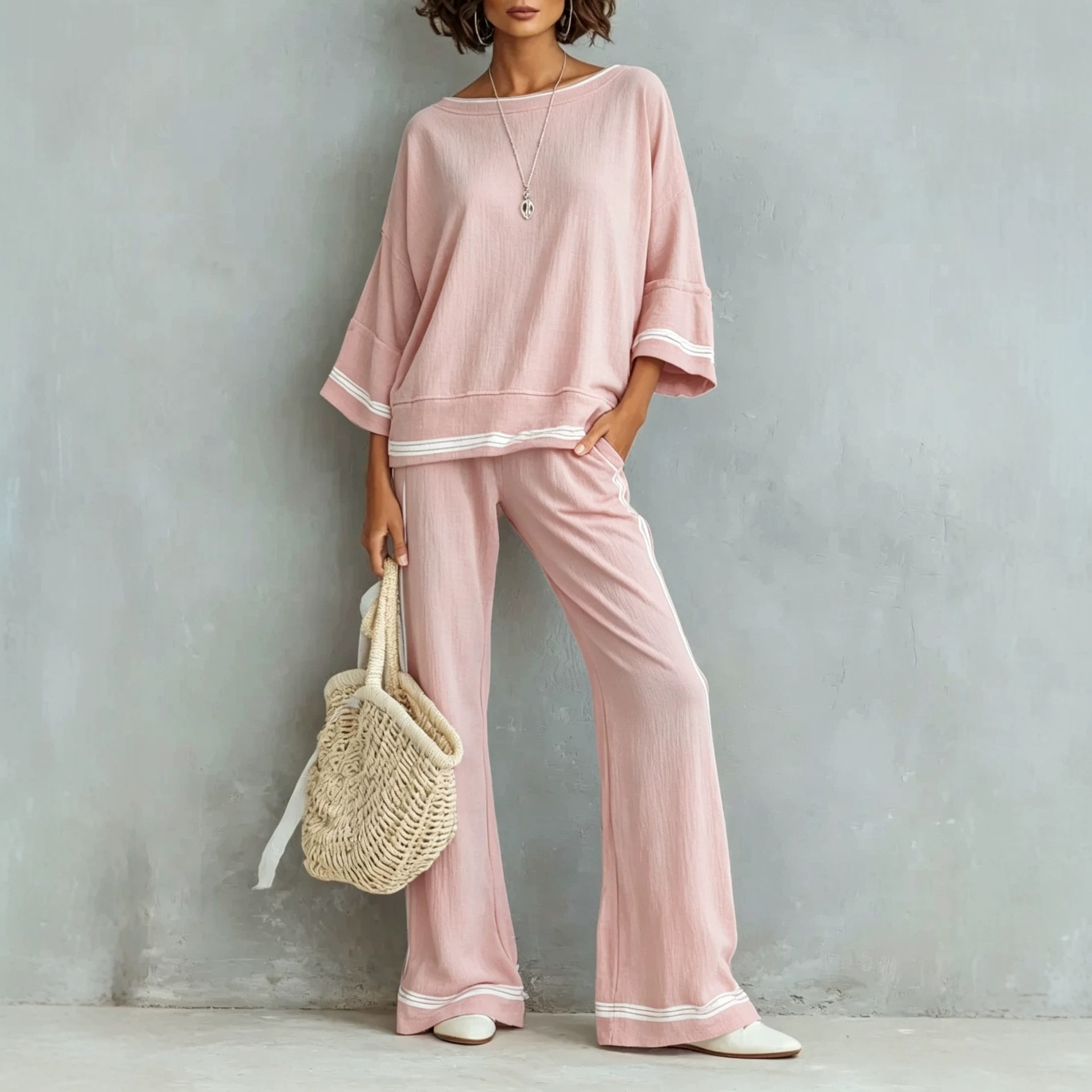 Women's Color-Block Striped Two-Piece Set with Three-Quarter Sleeve Top and Wide-Leg Pants
