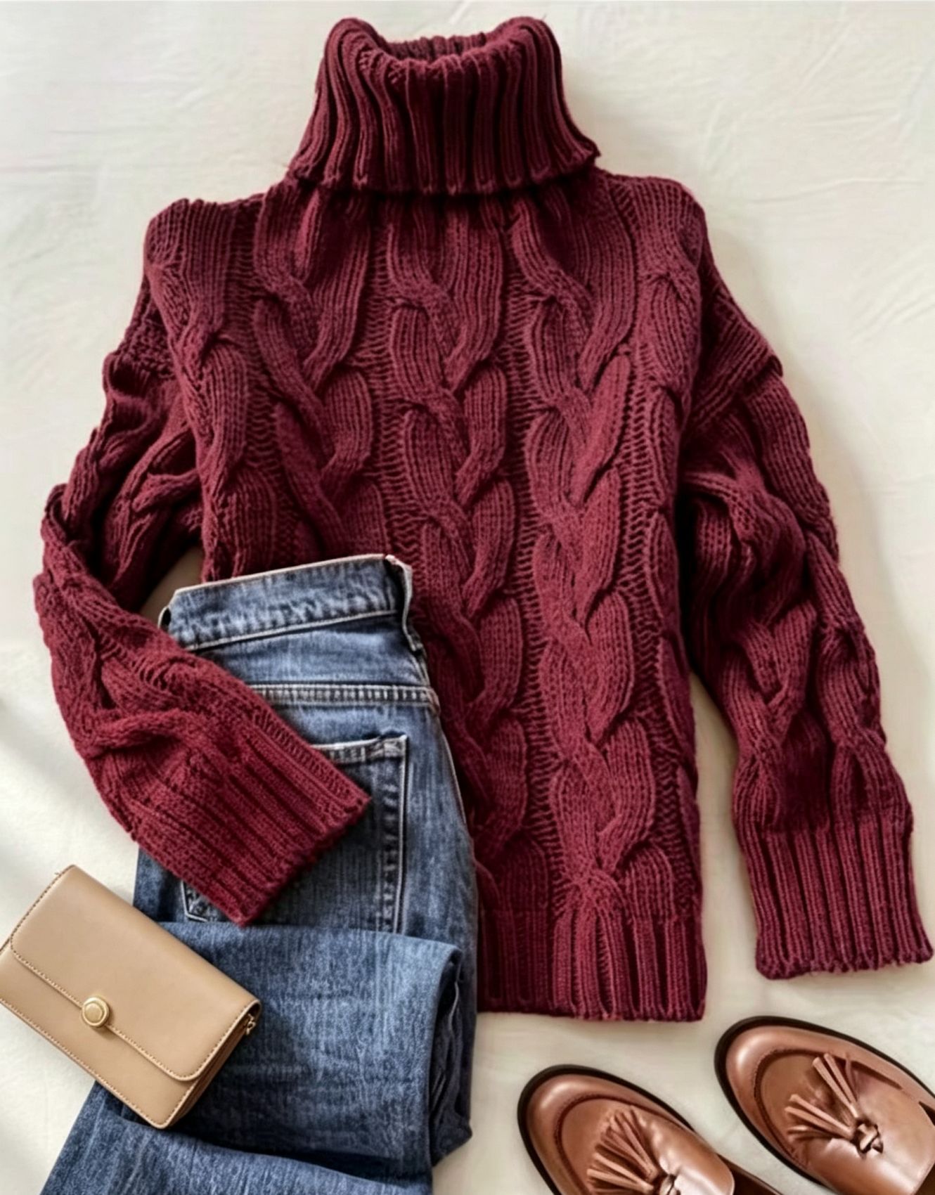 Cable-Knit Turtleneck Long-Sleeve Pullover Sweater