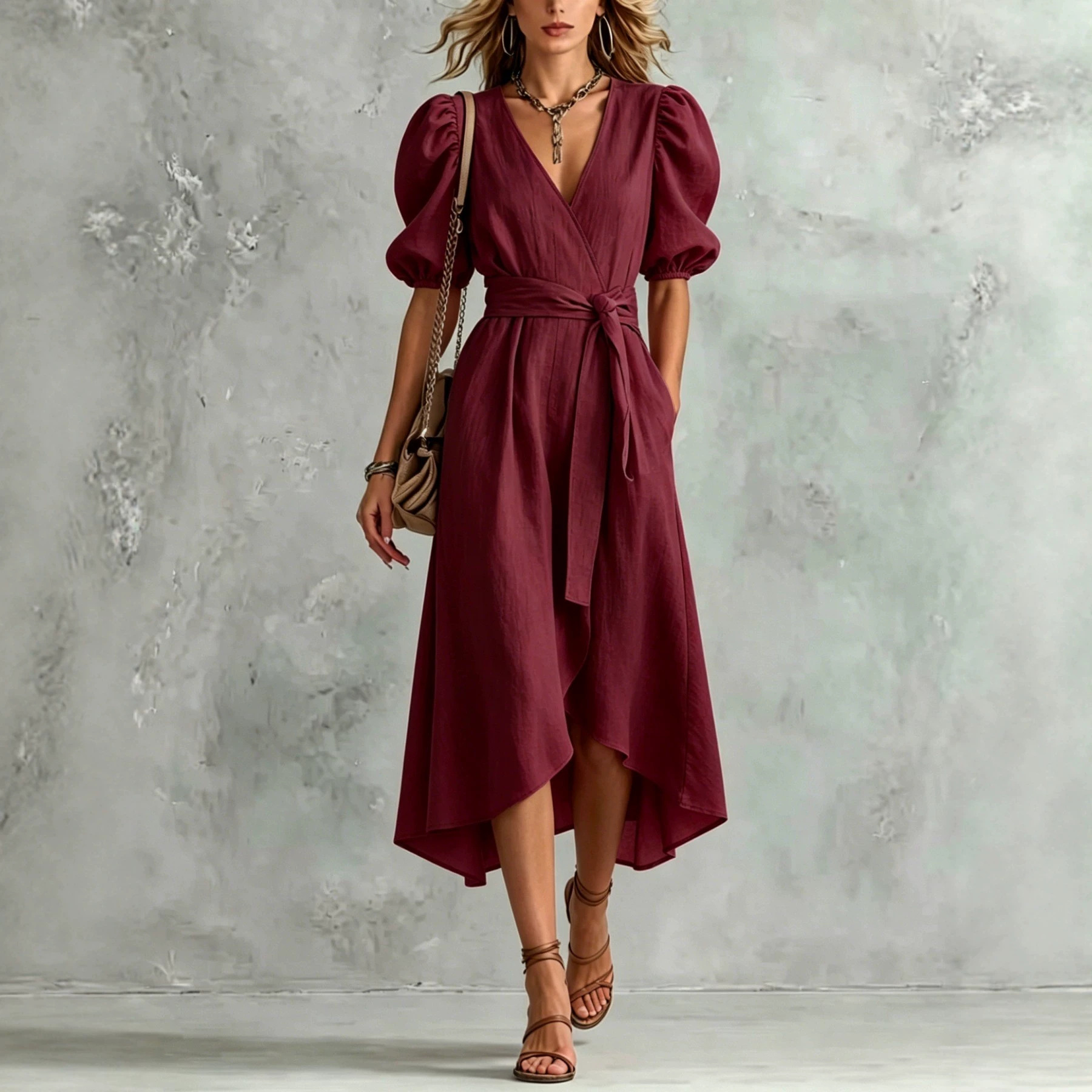 V-Neck Tie-Waist Asymmetrical Midi Dress