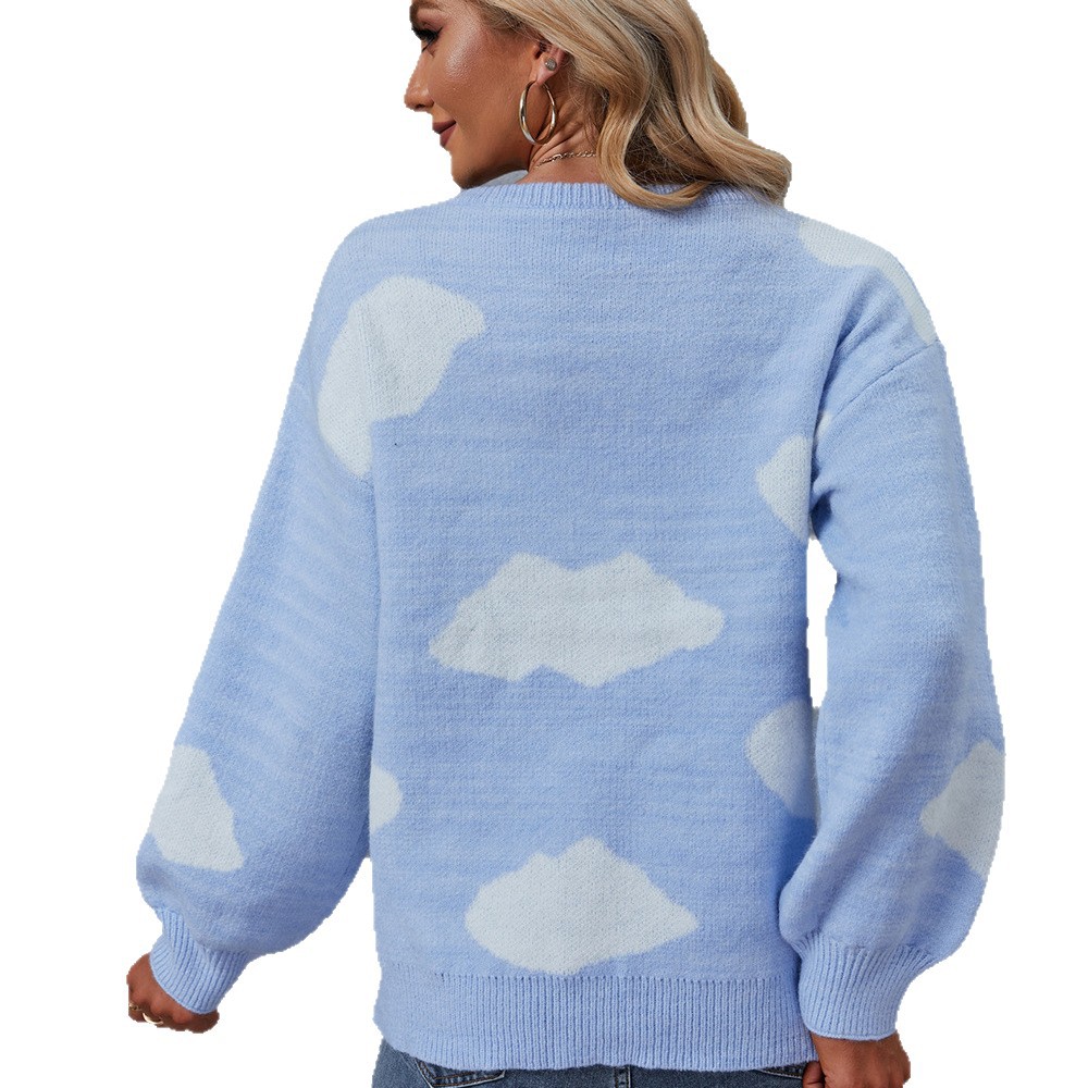 Blue Crewneck Knit Sweater with Cloud Print