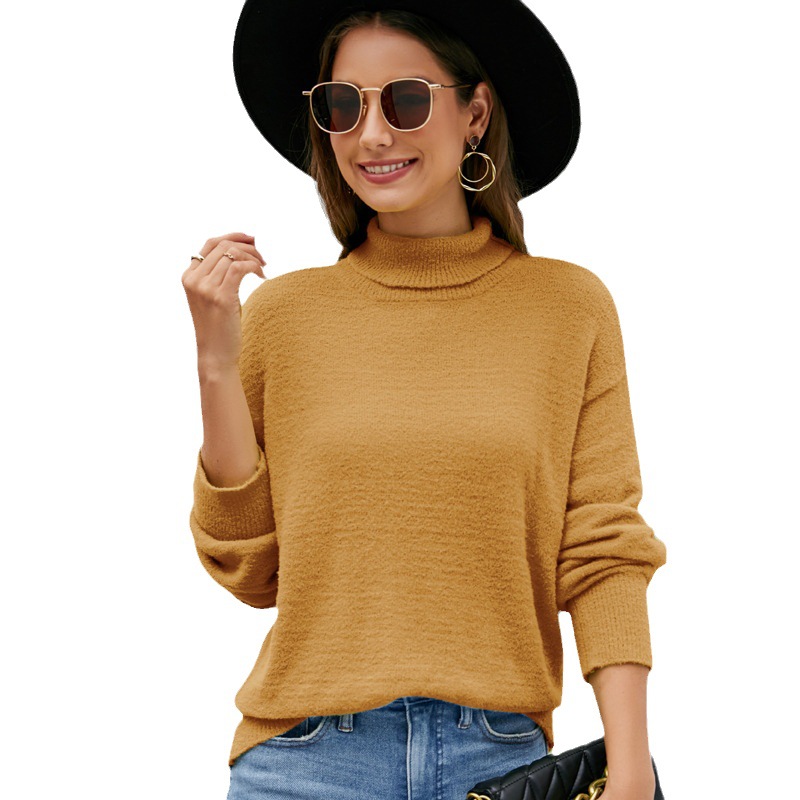 Women's High Neck Knit Sweater Solid Color Long Sleeve Pullover