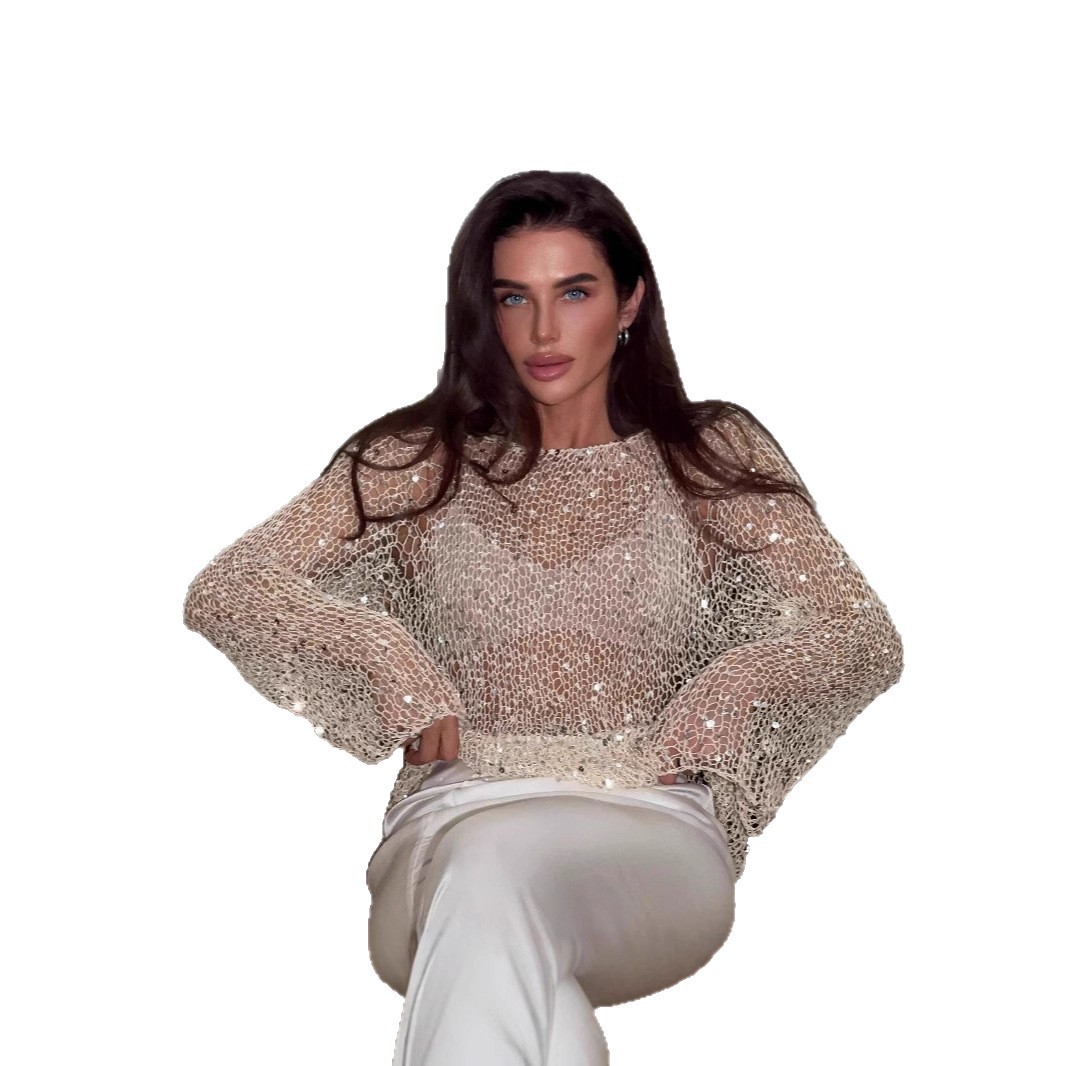 Sequin Knit Long-Sleeve Top Slim Fit Crewneck
