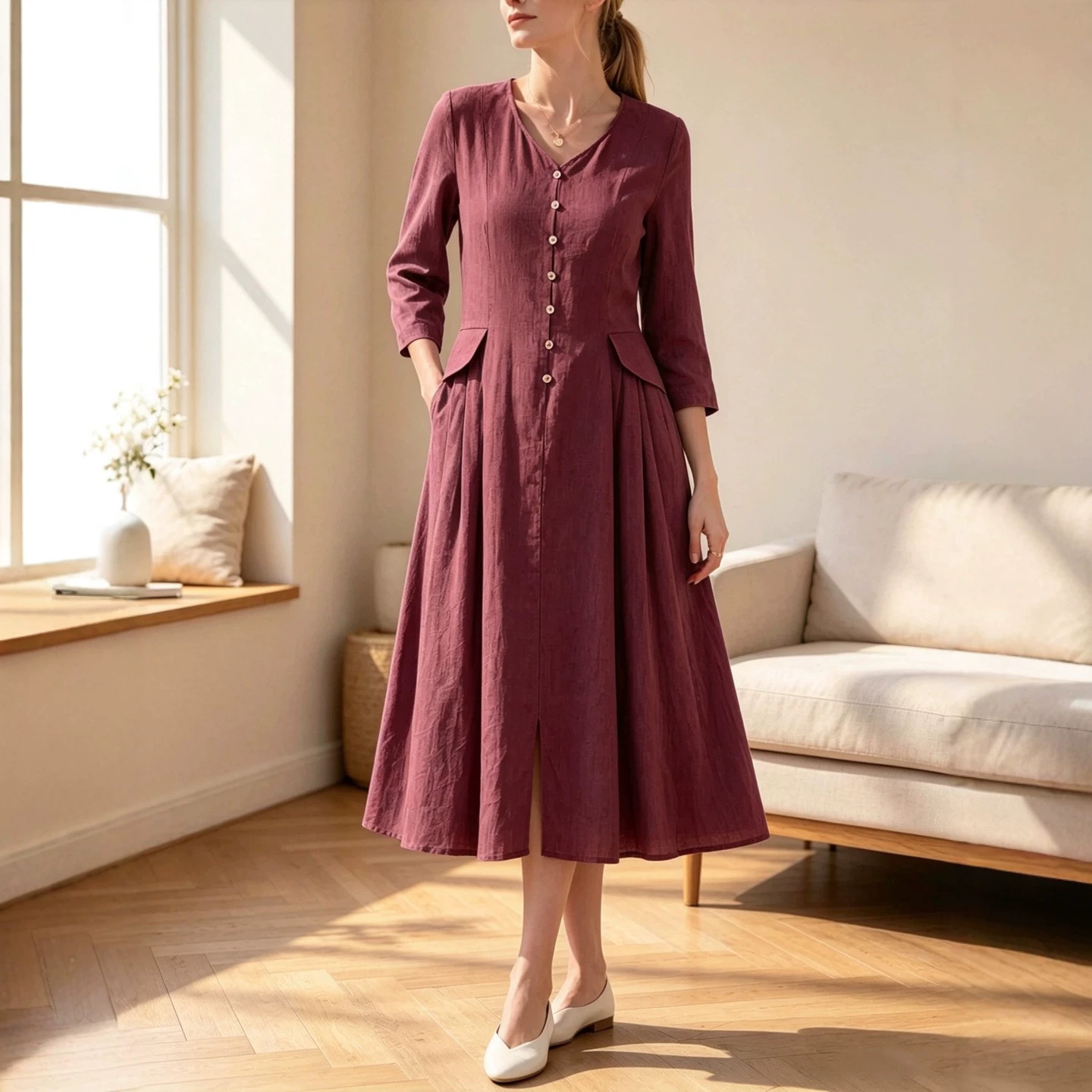 Solid Color High-Waist Loose A-Line Midi Dress with V-Neck and 3/4 Sleeves