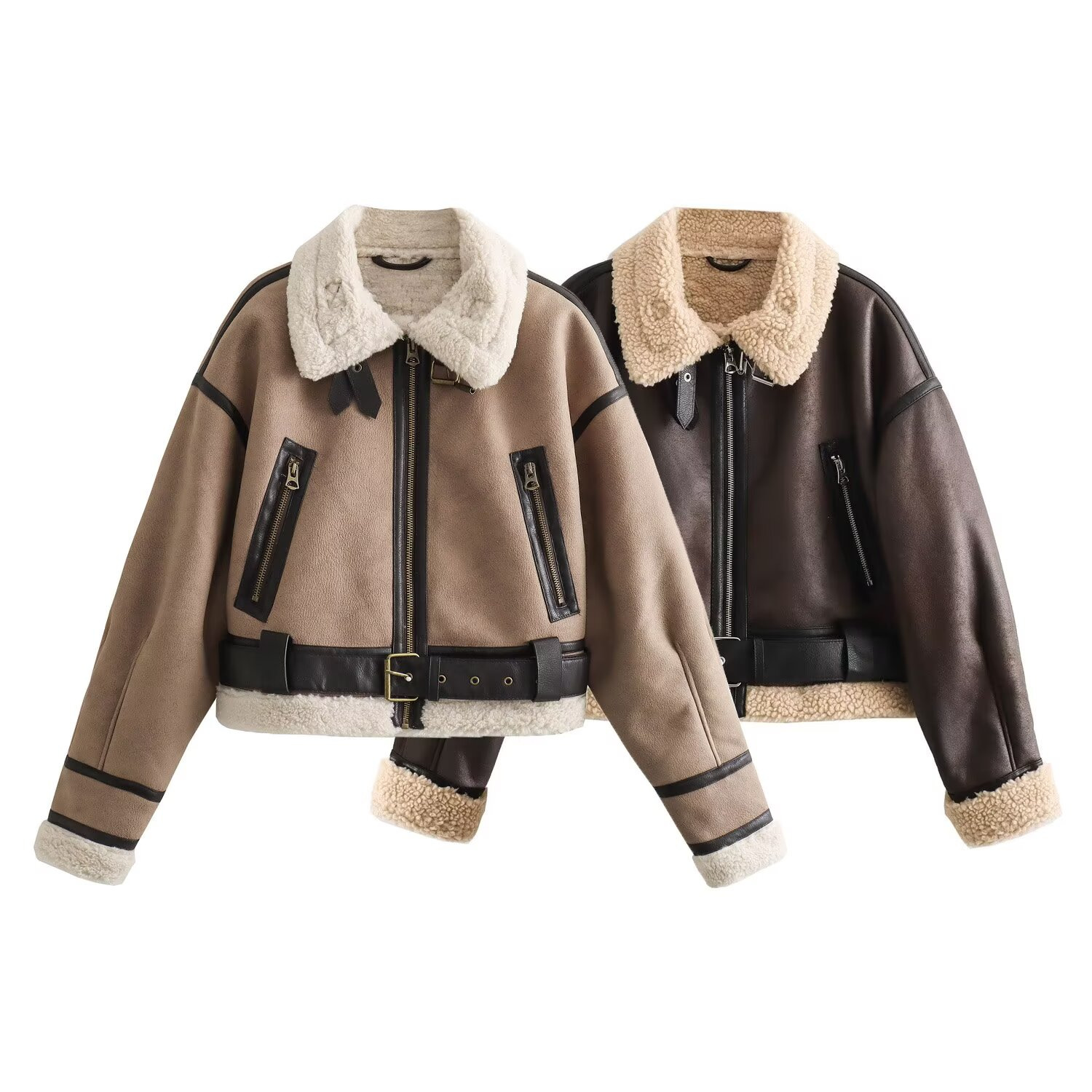 Women's Cropped Zip-Up Jacket with Pockets, Khaki & Brown