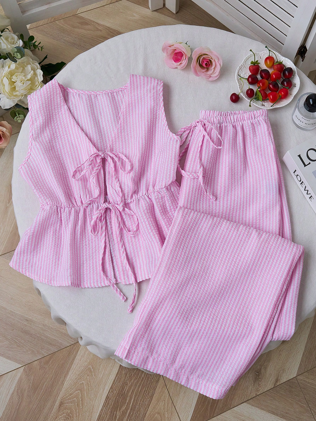 Striped Sleeveless Tank Top and Wide-Leg Pants Set