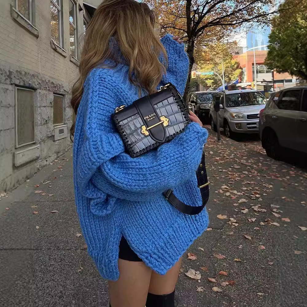 Fluffy High Neck Pullover Sweater Long Sleeve Knit Top